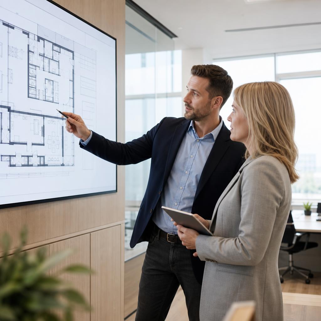 Two professionals comparing supplier profiles on a monitor