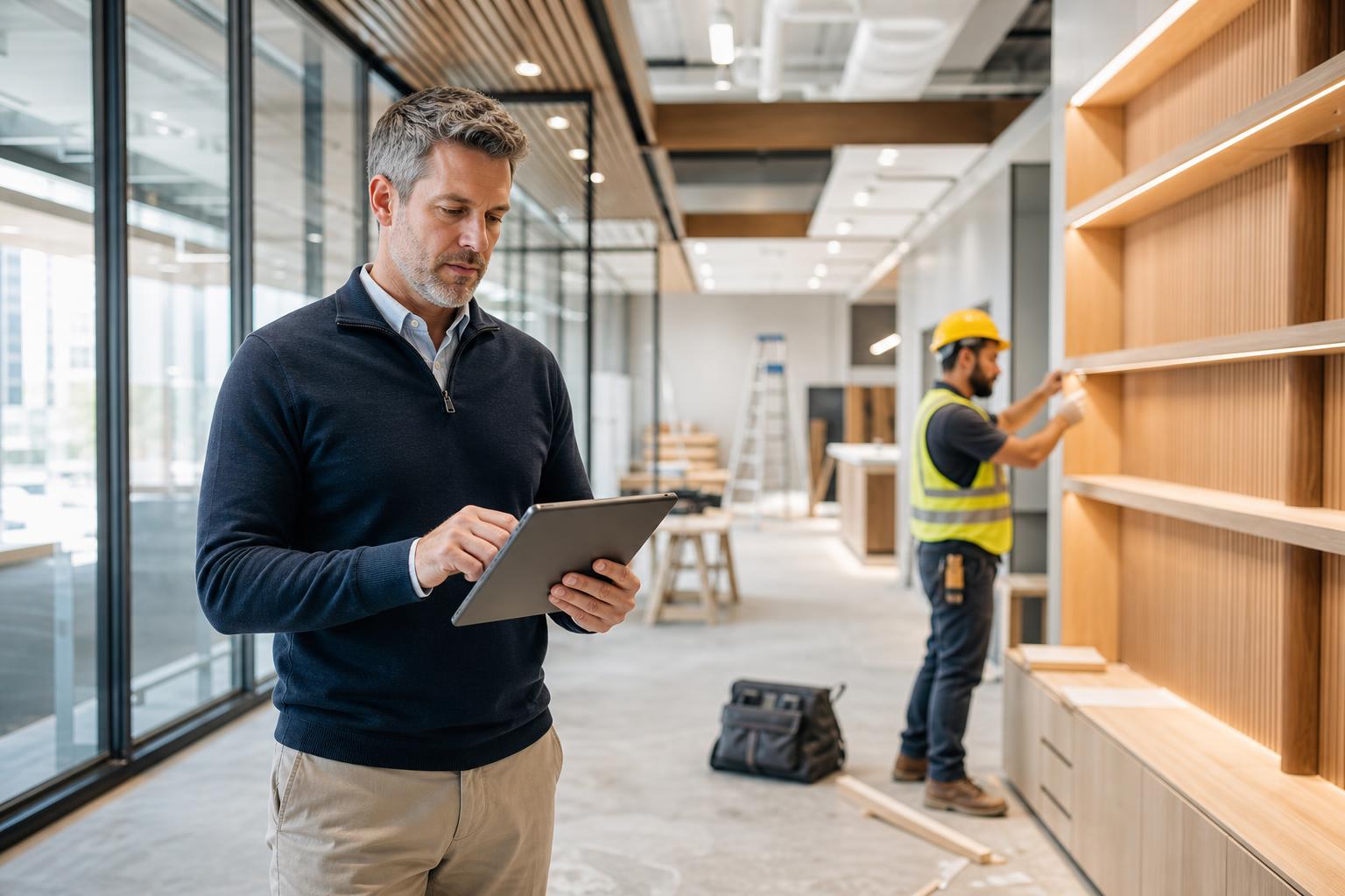 Facilities manager reviewing a project on a tablet during a commercial fit-out